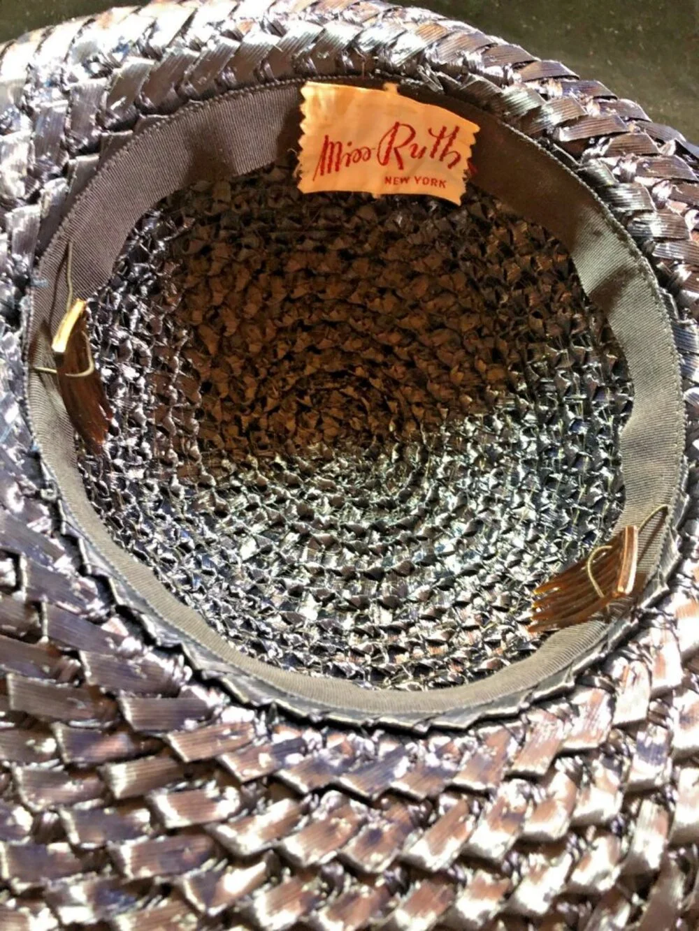 Vtg 50/60s Miss Ruth New York Navy Straw Wide Brim Kentucky Derby Garden Party